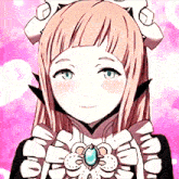 a girl with pink hair and green eyes is wearing a maid costume