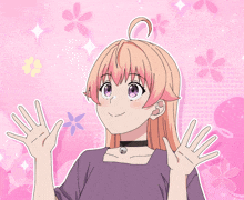 a girl with a choker on her neck is waving her hands in front of a pink background with flowers