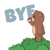 a teddy bear standing on top of a hill with the word bye behind him