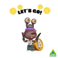 a cartoon character holding two guns and a bitcoin says let 's go !