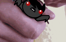 a cartoon character with red eyes is laying on a purple surface