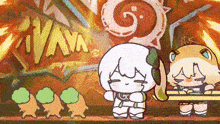 a couple of cartoon characters are standing next to each other in front of a wall with graffiti on it .