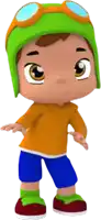 a cartoon character with a green hat and goggles on his head
