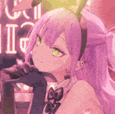 a girl with pink hair and green eyes is wearing a bunny ears headband
