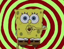 a cartoon character named spongebob is standing in front of a green and red spiral .