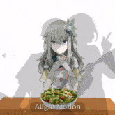 a girl is sitting at a table with a salad in front of her and the words " alight motion " on the bottom