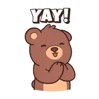 a cartoon teddy bear says yay with its tongue out