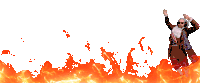a man in a patriotic outfit is dancing in front of a fire background