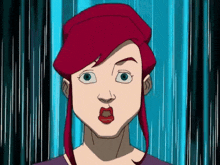 a cartoon of a woman with red hair and blue eyes making a surprised face