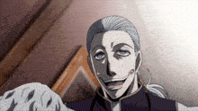 a cartoon character with gray hair and a ponytail is smiling