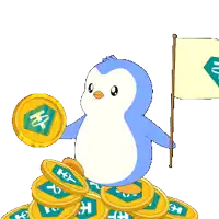 a penguin is holding a coin and a flag with the letter h on them
