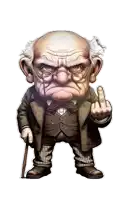 a cartoon drawing of an old man with glasses and a cane giving the middle finger