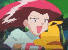 a close up of a cartoon character with red hair and a pikachu behind her