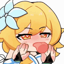 a cartoon girl with a flower in her hair is blowing a bubble with her tongue out .