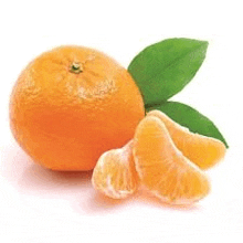 a tangerine with leaves and slices on a white surface .