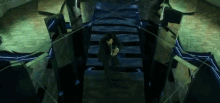a man in a suit is standing in a dark room with a sword