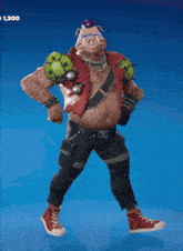 a video game character with a purple mohawk is standing in front of a blue background that says 1,300