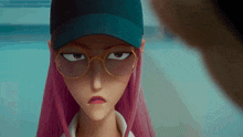 a girl with pink hair wearing a hat and glasses