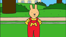 a cartoon rabbit is wearing red overalls with the letter m on the front