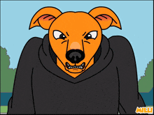 a cartoon of an orange dog wearing a black hoodie with millu written on the bottom