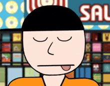 a cartoon man with his eyes closed and his tongue out in front of a sign that says sale
