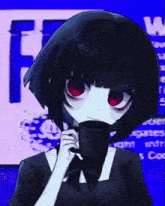 a girl with black hair and red eyes is drinking from a cup