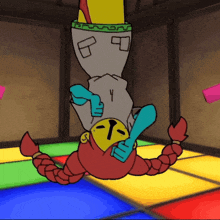 a cartoon character is hanging upside down on a colorful dance floor