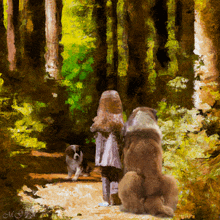 a painting of a girl and two dogs with the letters mr on the bottom right