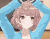 a girl with pink hair is wearing a blue jacket and holding her hair up .