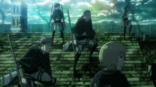 a group of anime characters standing on a roof