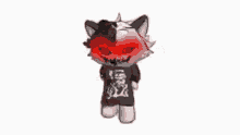 a cartoon drawing of a red and black cat with red eyes and red hair standing on a white background .