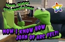 a kermit the frog is laying on a couch holding a cell phone and says " here queen and need a beer "