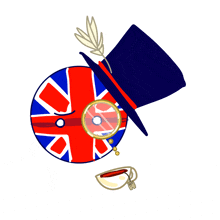 a drawing of a british flag with a top hat and magnifying glass