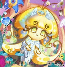 a cartoon drawing of a girl with angel wings surrounded by hearts and flowers