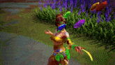 a woman in a video game is standing in front of purple flowers