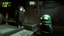 a screenshot of a video game shows two robots and a sign that says $ 9k