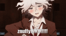 a cartoon of a boy in a suit and tie with the words `` znuffy '' written on the bottom .