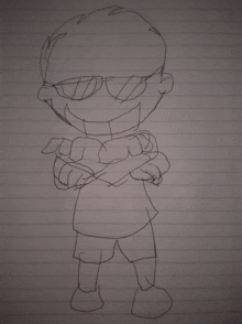 a black and white drawing of a boy with sunglasses