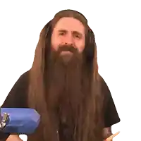 a man with long hair and a beard is holding a blue object