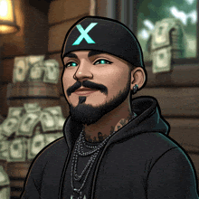 a man with a beard is wearing a black hat with a blue x on it