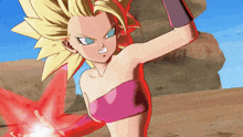 a cartoon of a girl in a pink top and red gloves