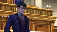 a man in a suit and tie is standing in front of a balcony with the words viggle.ai on his shoulder