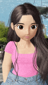 a cartoon girl in a pink shirt and blue jeans