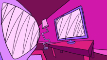 a cartoon drawing of a room with a table and a computer