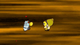 two cartoon characters are standing next to each other in a video game with the letter b in the center