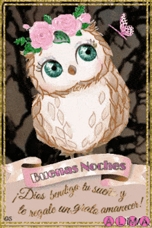 a picture of an owl with the words buenas noches written on it