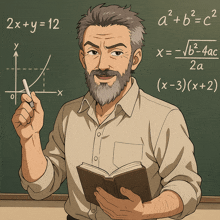 a man with a beard is standing in front of a blackboard with equations written on it
