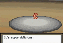 a pixel art of a plate with a red s on it and the words `` it 's super delicious ! ''