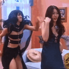 two women are standing next to each other in a living room dancing .