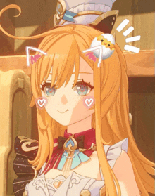 a close up of a anime girl with hearts on her cheeks and a cat ear clip on her hair